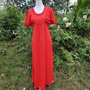Vintage 1960's Red Polyester Maxi Dress Sequins Flounce M L